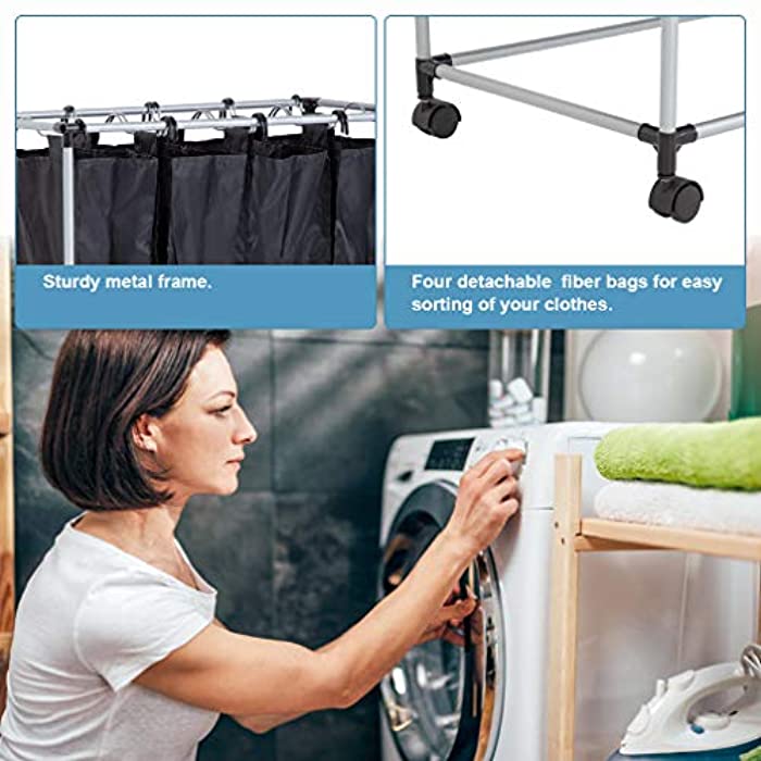 4 Laundry Sorter with Baskets Large Laundry Hamper Sorter Canvas Rolling Laundry Sorter Cart